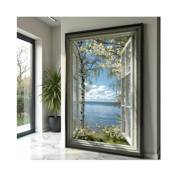 Tranquil Lake View Through Open Window Spring Blossom Nature Landscape Wall Art Scenic Outdoor Decor For Home Print Poster