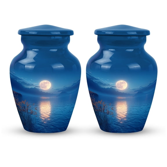 Tranquil Moonlight Serenade by the Mountain Lak - Petite Cremation Urn for Men - Small Burial Keepsake for Human Ashes - Classic Urn - Memorial Gifts - 3 Inch, Set Of 2