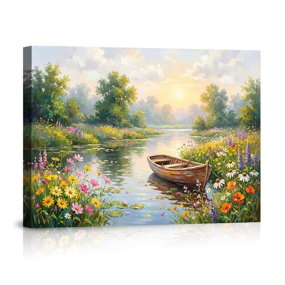 Tranquil Morning River With Rowboat Wildflowers Impressionist Spring Landscape For Home Canvas