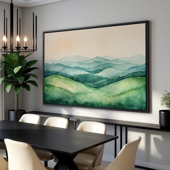 Tranquil Mountain Landscape Poster - Wall Art For Bedroom Decor, Green Tones Poster, Ready To Hang, Stretched Canvas Size 12x18