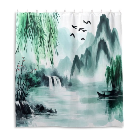 Tranquil Mountain Landscape Shower Curtain Liner 66x72 Inch Waterproof Shower Curtains Decorative Bathroom with 12 Pack Hooks