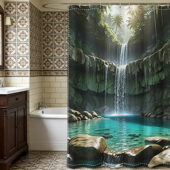 Tranquil Mountain Waterfall Lagoon Shower Curtain, Christmas Seasonal Landscape Themed Bathroom Decor