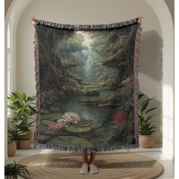 Tranquil Nature Scene Forest Woven Throw Blanket, Cotton with Fringed Edges for Bedroom Accent