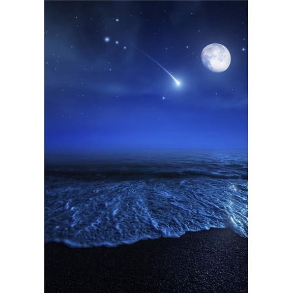 Tranquil Ocean At Night Against Starry Sky Moon & Falling Meteorite Poster Print, 11 x 17
