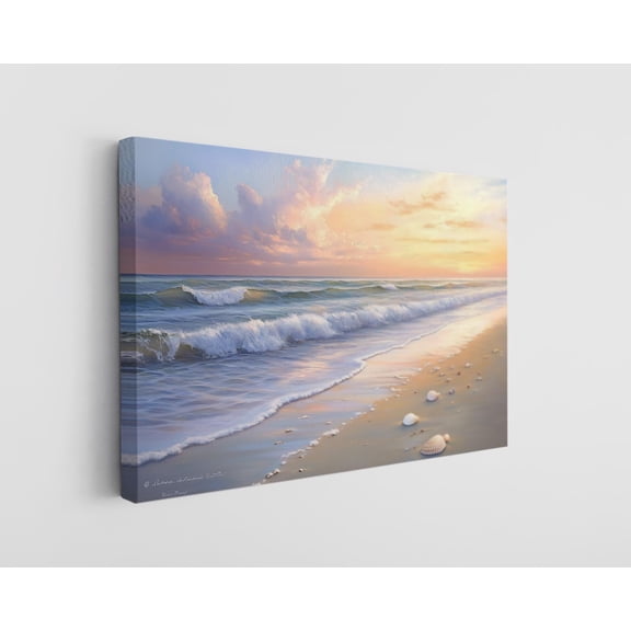 Tranquil Ocean Sunset Beach Canvas Print - Serene Coastal Decor - High-Quality Seashell Artwork - Handcrafted Nautical Home Accent