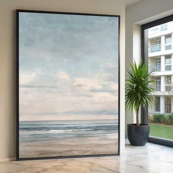 Tranquil Ocean View Coastal Beach Scene Serene Seascape Wall Art Calm Waters Soft Sky Landscape Decoration