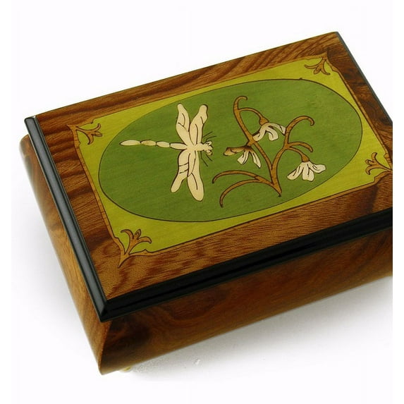 Tranquil Olive Green and Wood Tone Dragonfly Music Box - Away in a Manger