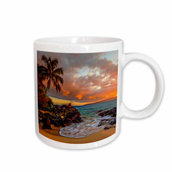 3drose, Tranquil Palm Tree Rocky Sand Image of Light Infused Beach Painting, 11oz Mug