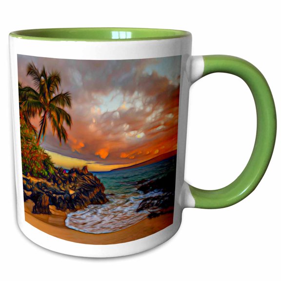 3drose, Tranquil Palm Tree Rocky Sand Image of Light Infused Beach Painting, 11oz Two-tone Green Mug