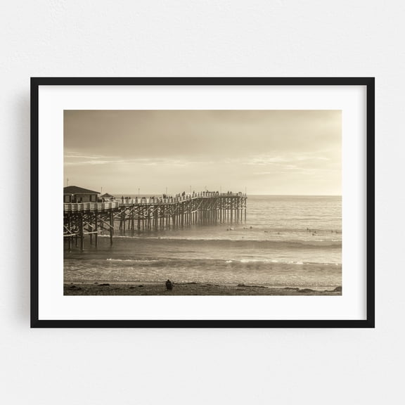 Tranquil Pier Perspective - Photography Beach Boardwalk Ocean Coast Seascape Vintage Surf Black Framed Wall Art Print 5 x 7 inches
