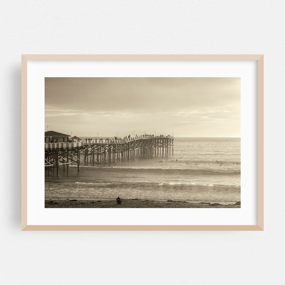 Tranquil Pier Perspective - Photography Beach Boardwalk Ocean Coast Seascape Vintage Surf Oak Framed Wall Art Print 24 x 36 inches