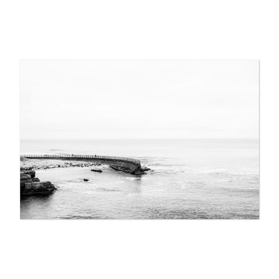 Tranquil Promenade - San Diego California Photography Black and White Minimalist Seascape Coast Ocean Landscape Boardwalk Unframed Wall Art Print 5 x 7 inches
