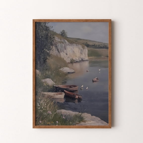 Tranquil River Boats Ducks Muted Nature Landscape Poster Art Unframed Paper Print