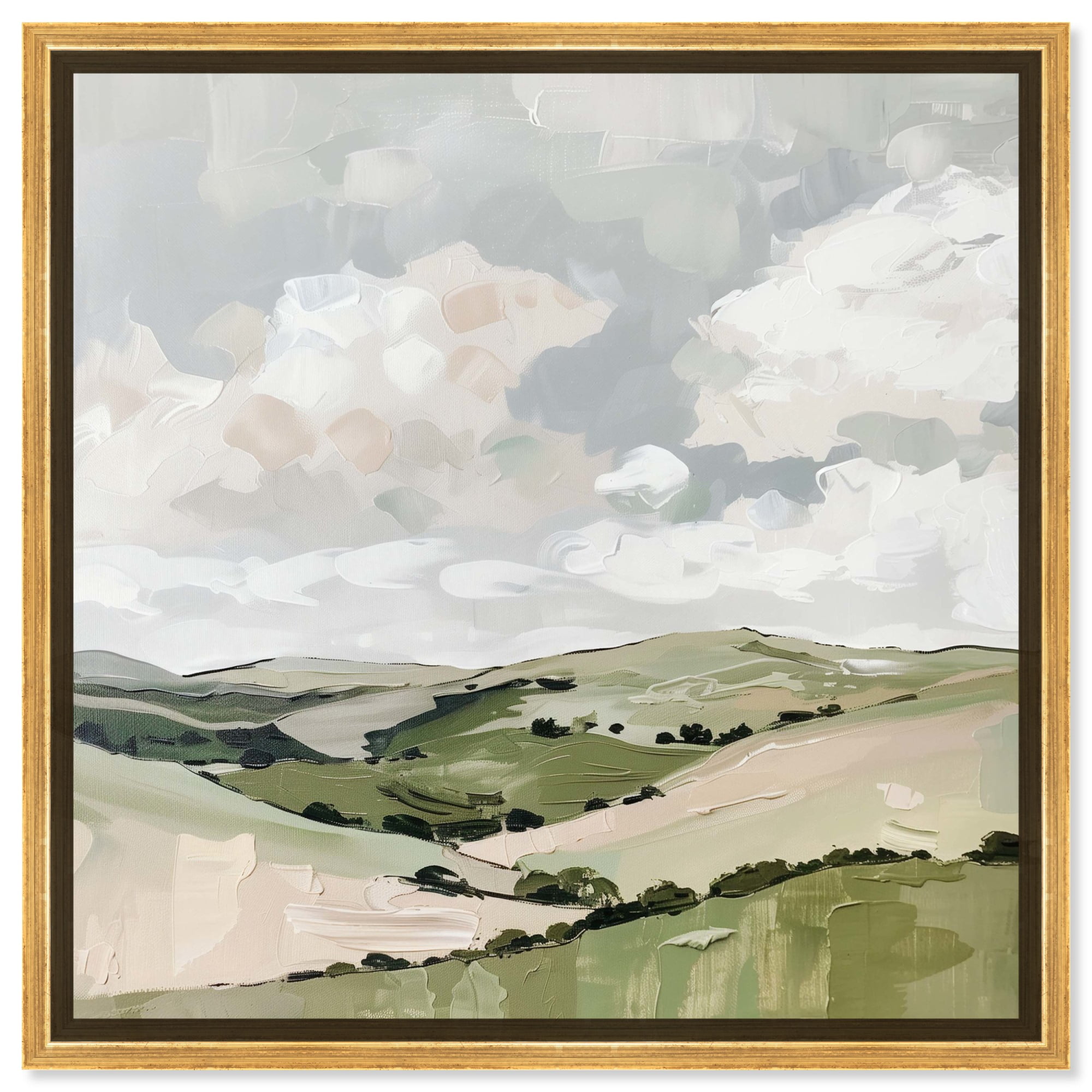 Tranquil Skies Green and Beige Canvas Print with Gold Frame