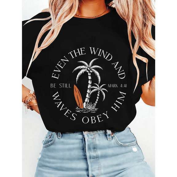 Tranquil Be Still and Obey Him Mark 4:41 Print T Shirts Bible Verse Graphic Tees Faith Based Design Spiritual Surrender Short Sleeve Casual Tops Black,5XL