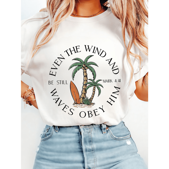 Tranquil Be Still and Obey Him Mark 4:41 Print T Shirts Bible Verse Graphic Tees Faith Based Design Spiritual Surrender Short Sleeve Casual Tops White,4XL