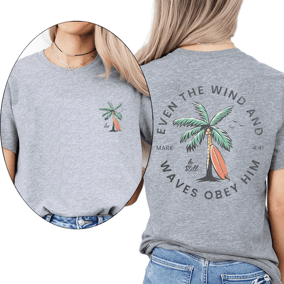 Tranquil Be Still and Obey Him Print Tshirts Bible Verse Mark 4:41 Graphic Tees Short Sleeve Casual Beachy Backprint Coconut Tree Tops for Daily Outfits Gray,2XL