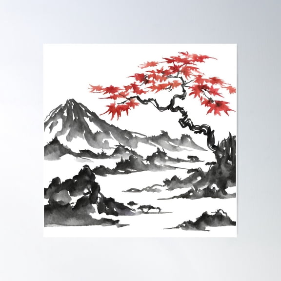 Tranquil Sumi-E Serenity Among Maple Mountains Poster Wall Art, Modern Wall Decor For Living Room Bedroom, 24x36 UNFRAMED