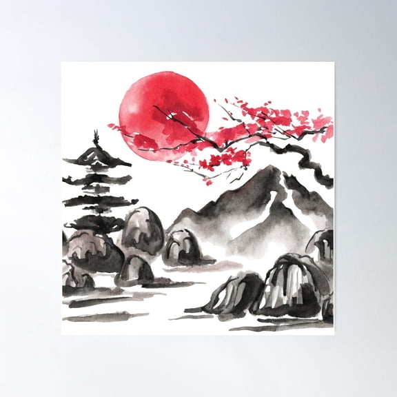 Tranquil Sumi-E Serenity Among Pine Mountains Red Moon Poster Wall Art, Modern Wall Decor For Living Room Bedroom, 16X16 UNFRAMED