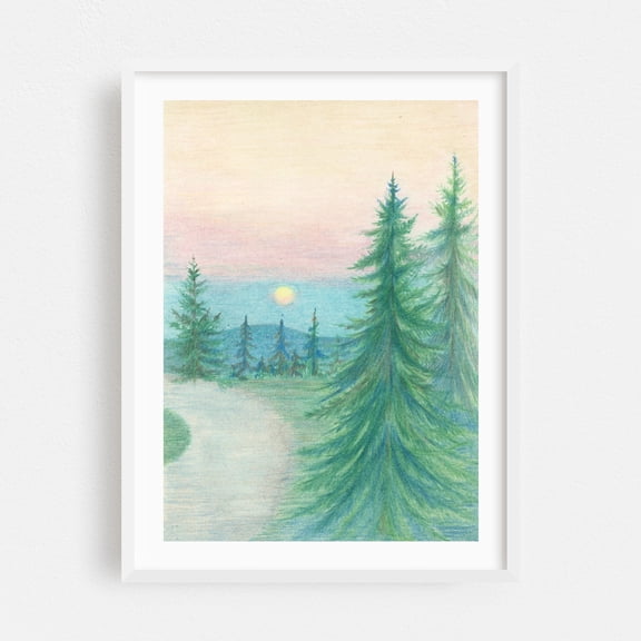 Tranquil Sunrise - Illustration Forest Nature Landscape Sunset Pastoral Woodland Scenic White Framed Wall Art Print 16 x 24 inches