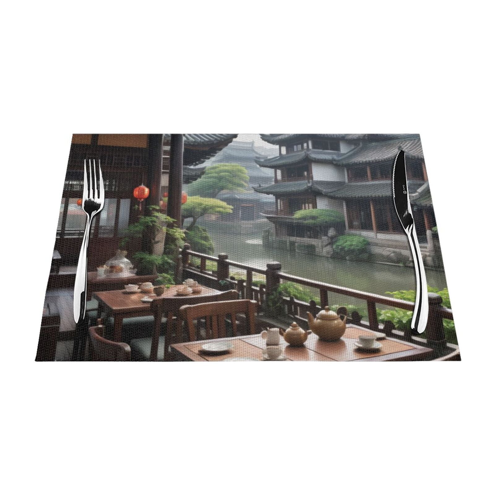 Tranquil Tea House by the Water Canal Meal mat, heat-resistant dining ...