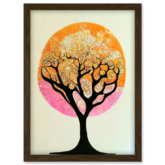 Tranquil Tree Silhouette Abstract Illustration Enchanted Linocut Artwork Framed Wall Art Print A4