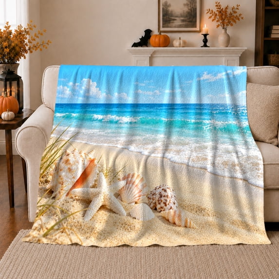 Tranquil Tropical Beach Starfish Shells Coastal Nature, Peaceful Coastal Landscape Scene, Warm Flannel Blanket for Beach House and Living Room, Beach Lovers Housewarming Gift, Coastal Home Decor