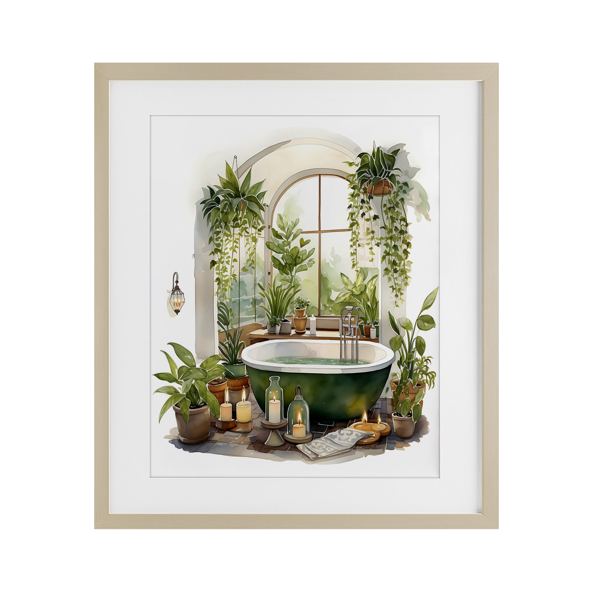 Tranquil Tub with Candles & Greenery Birch Framed Print Under Glass, design by Lettered and Lined