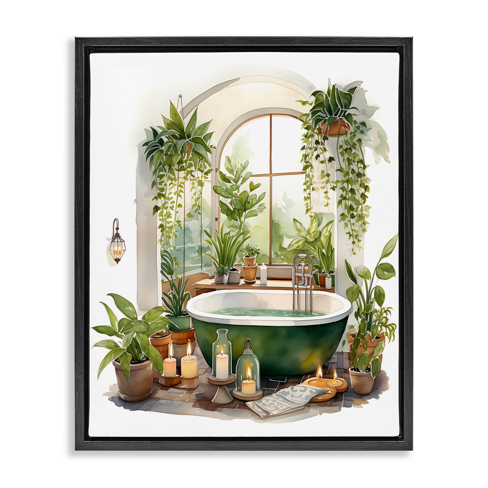 Tranquil Tub with Candles & Greenery Black Framed Floater Canvas Wall Art, design by Lettered and Lined
