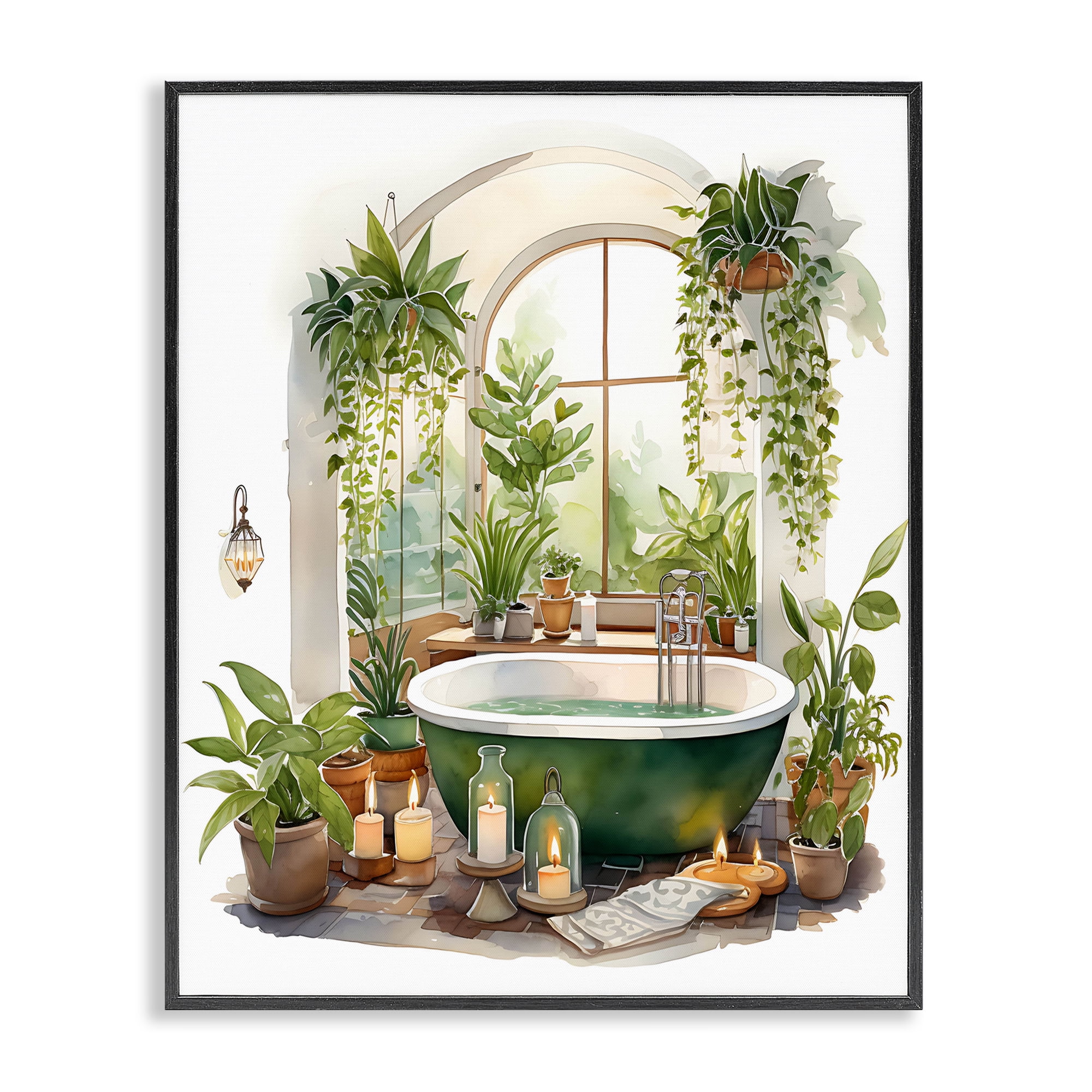 Tranquil Tub with Candles & Greenery Black Framed Giclee Art, design by Lettered and Lined