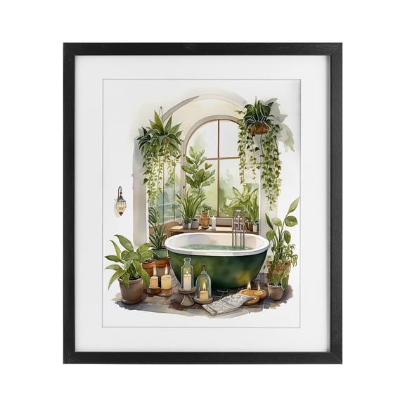 Tranquil Tub with Candles & Greenery Black Framed Print Under Glass, design by Lettered and Lined