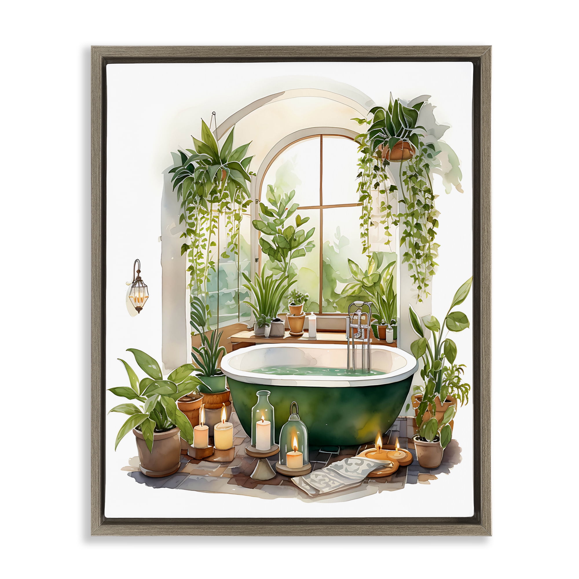 Tranquil Tub with Candles & Greenery Brown Framed Floater Canvas Wall Art, design by Lettered and Lined