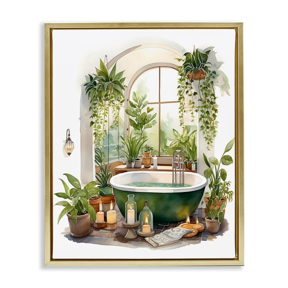 Tranquil Tub with Candles & Greenery Gold Framed Floater Canvas Wall Art, design by Lettered and Lined
