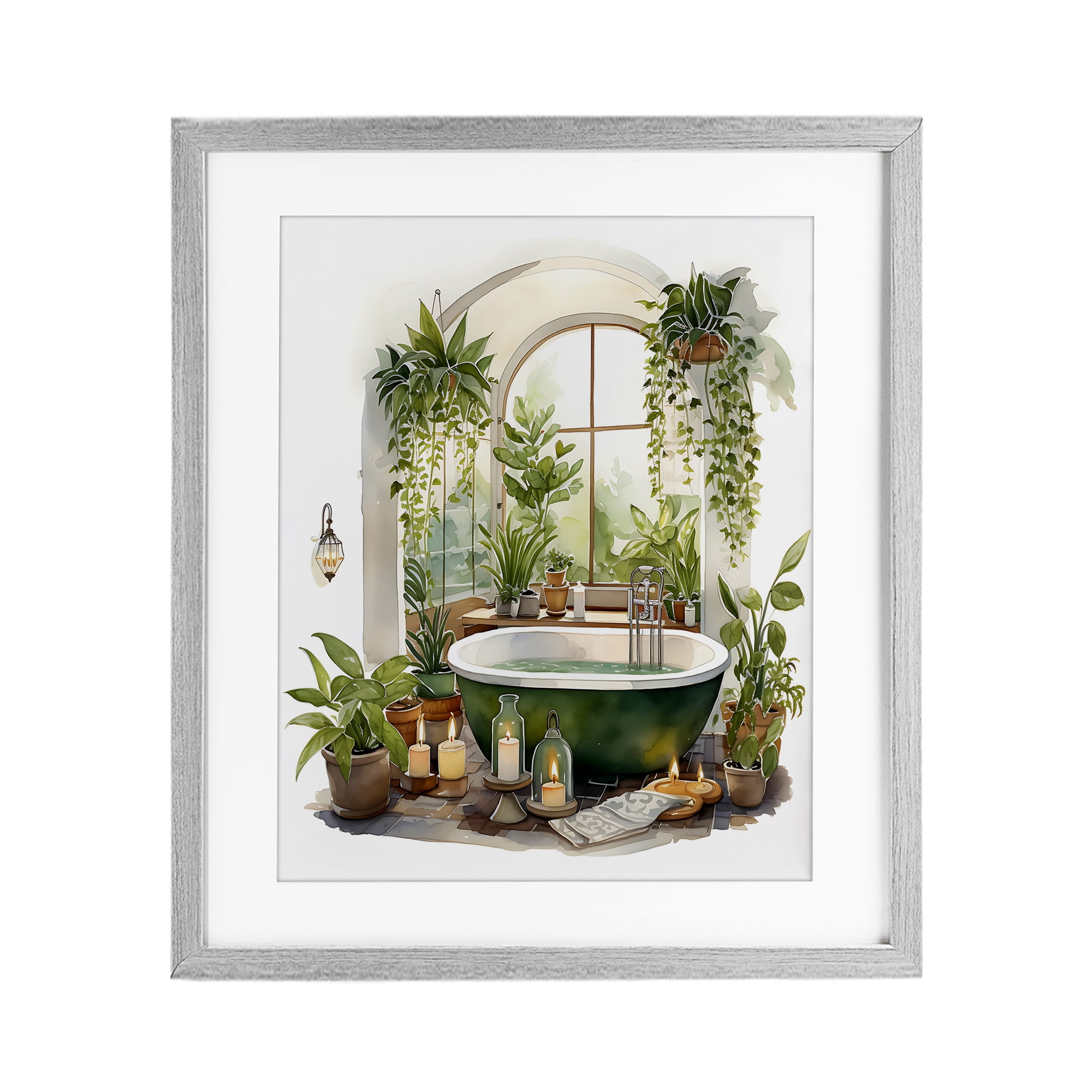 Tranquil Tub with Candles & Greenery Gray Framed Print Under Glass, design by Lettered and Lined