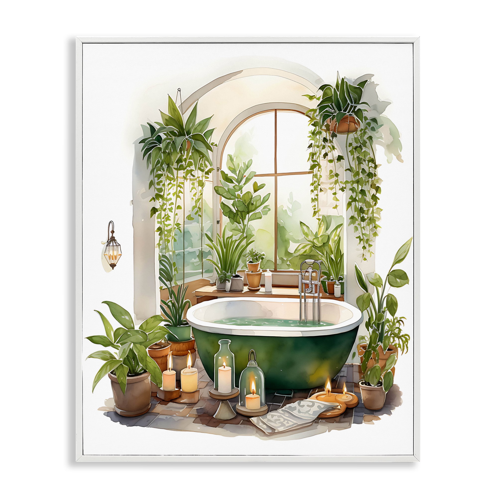 Tranquil Tub with Candles & Greenery White Framed Giclee Art, design by Lettered and Lined
