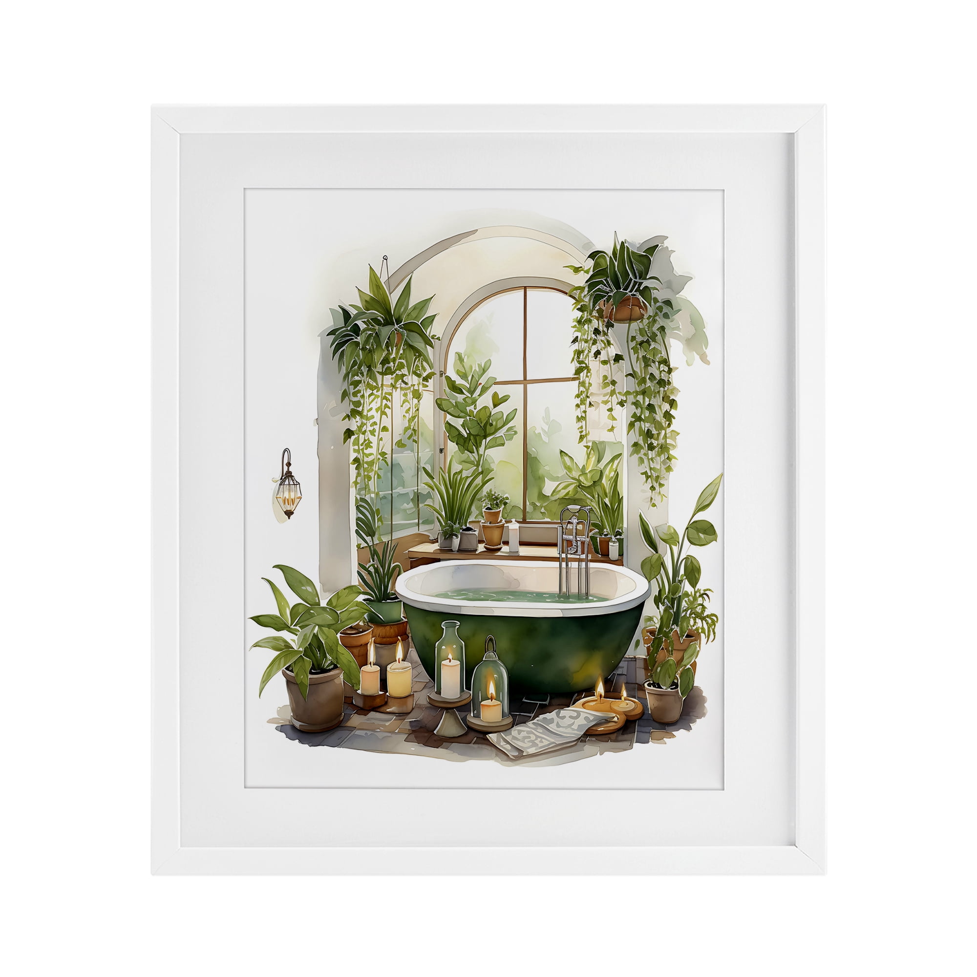 Tranquil Tub with Candles & Greenery White Framed Print Under Glass, design by Lettered and Lined