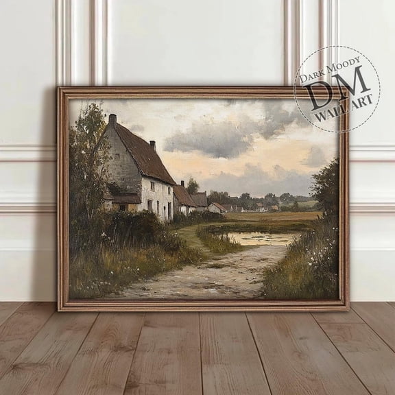 Tranquil Village With Cobblestone Streets Of Stone Houses And Sunset Reflection Rustic Art Modern Wall Decor Art