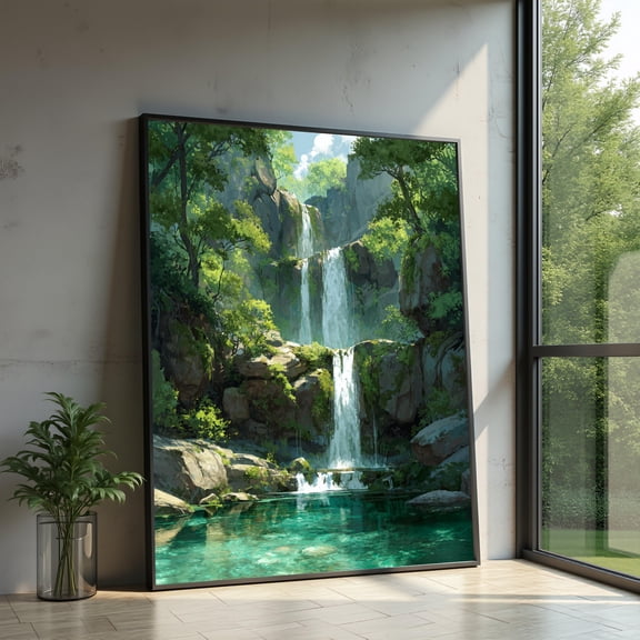 Tranquil Waterfall Cascade Lush Forest Scene Nature Landscape Wall Art Serene River View Home Décor Poster, Poster Only