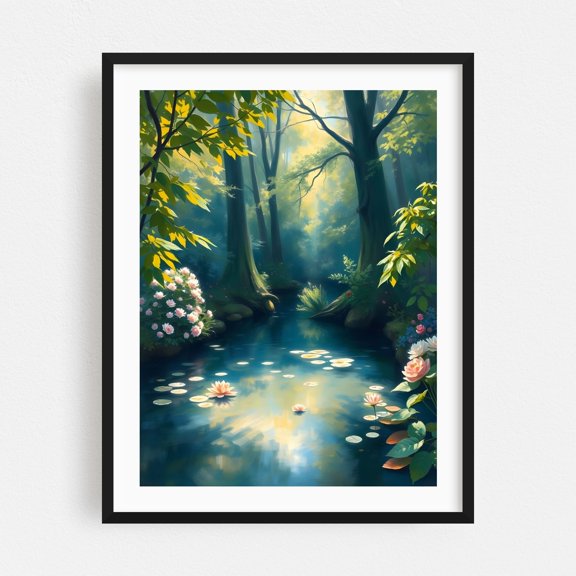 Tranquil Waters - Painting Forest Nature Floral Woodland Scenic Mystical Water Black Framed Wall Art Print 5 x 7 inches
