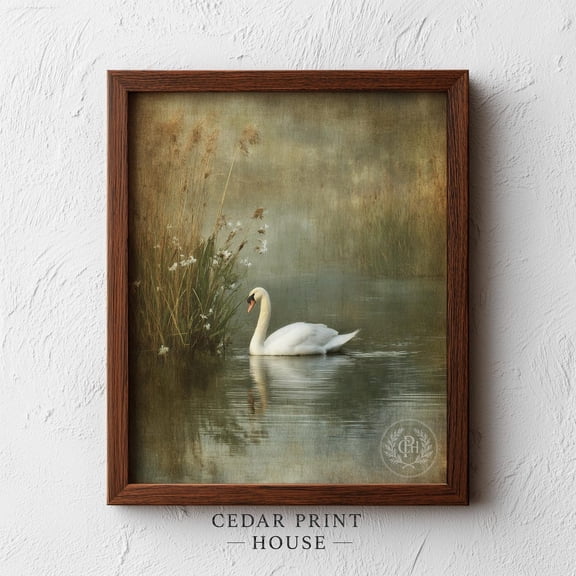 Tranquil White Swan Misty Pond Moody Cottagecore Wall Art Vintage Style Scene Art