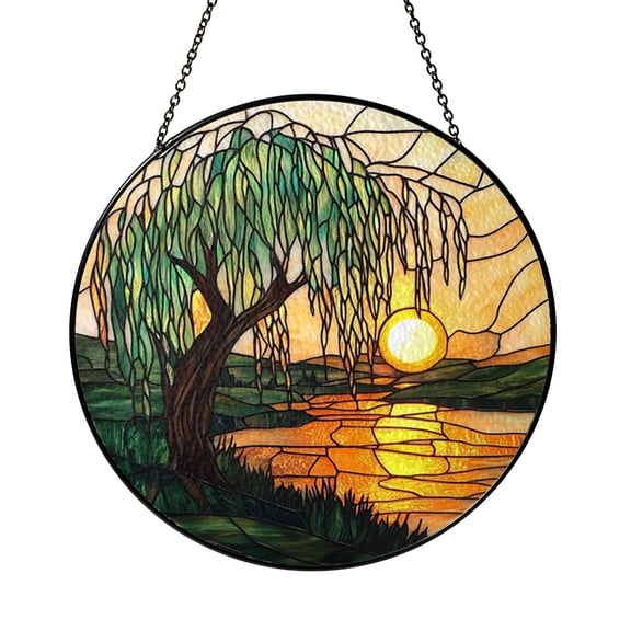 Tranquil Willow Tree Faux Stained Glass Window Decor2101