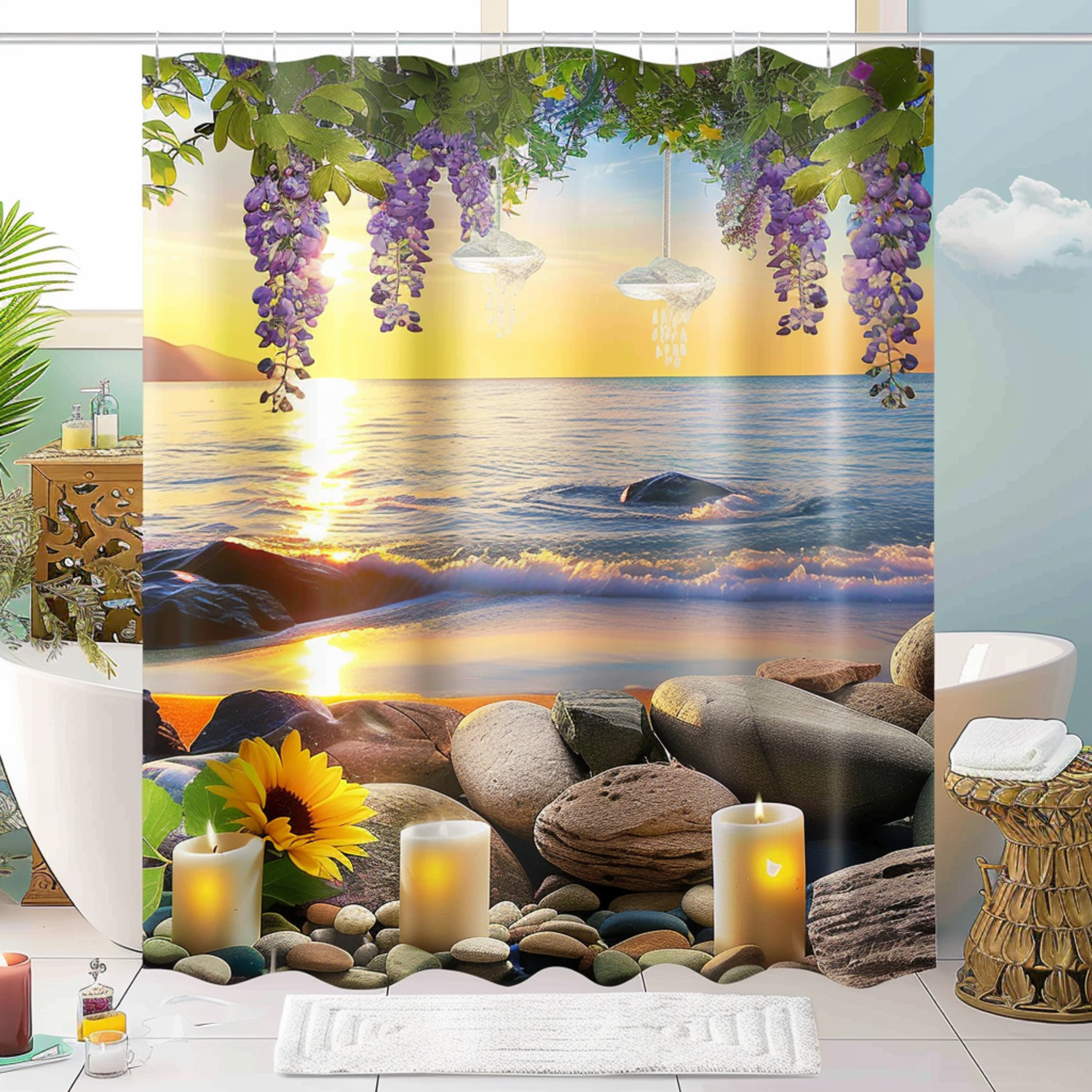 Tranquil Wisteria and Sunflower Shower Curtain Set with Stones Candles