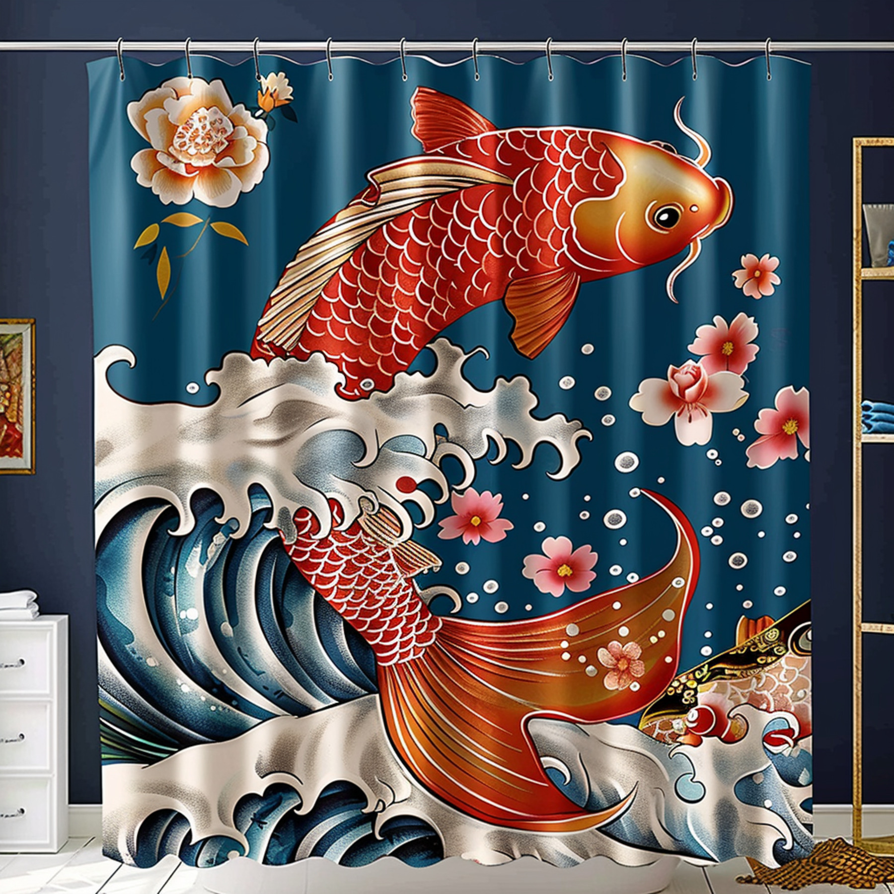 Tranquil Zen Oasis Japanese Koi Fish & Floral Waves Shower Curtain