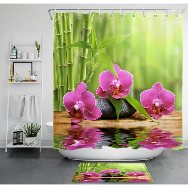 Tranquil Zen Oasis Japanese Stone Bamboo Shower Curtain Set with Water