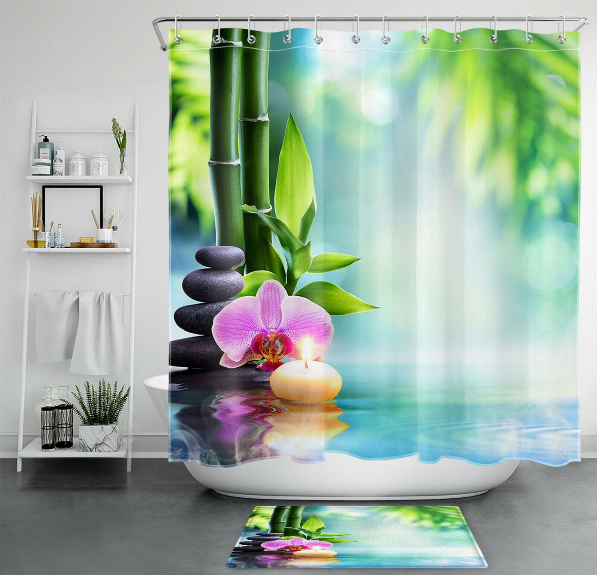 Tranquil Zen Spa Orchid Green Bamboo Shower Curtain with Massage