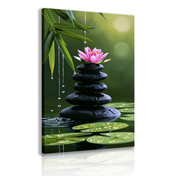 Tranquil Zen-inspired spa stone and lotus wall art canvas decorative frame, meditation yoga painting, soothing water lily poster, suitable for bathroom, bedroom, home décor, mindfulness gift.