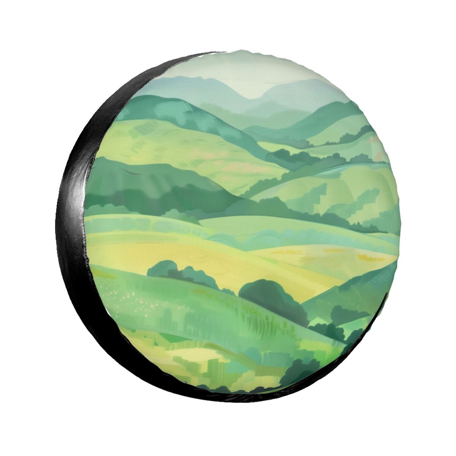 Tranquil countryside scene with green hills tire cover, wheel protector