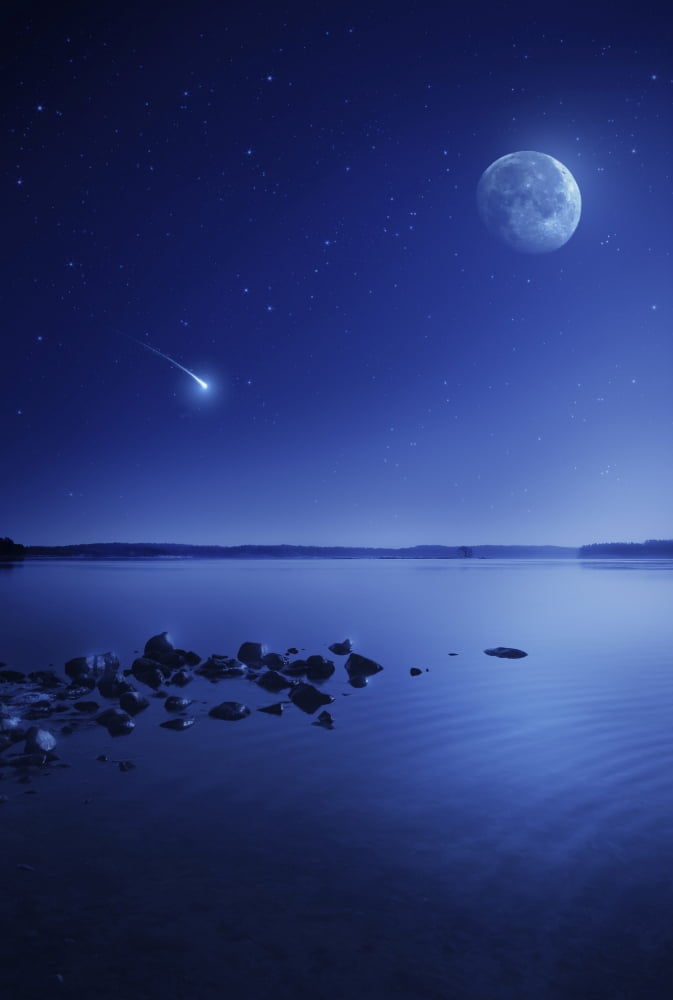Tranquil lake against starry sky moon and falling meteorite Finland Canvas Art - Evgeny KuklevStocktrek Images (12 x 18)