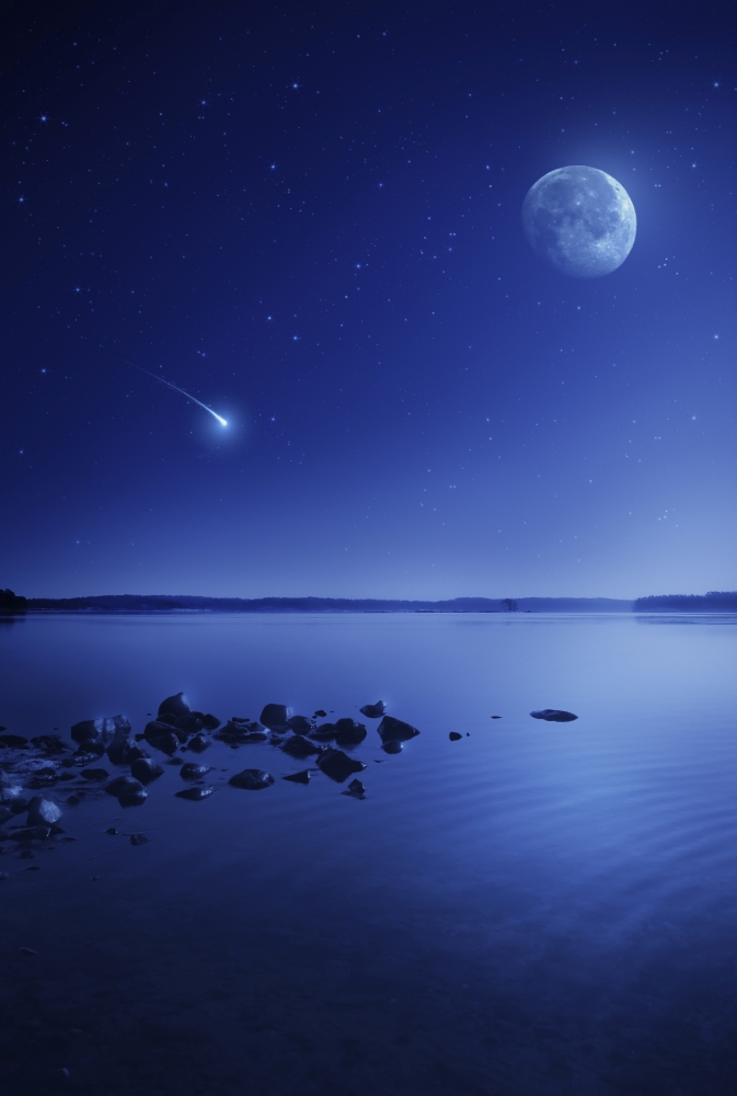 Tranquil lake against starry sky moon and falling meteorite Finland Canvas Art - Evgeny KuklevStocktrek Images (23 x 35)