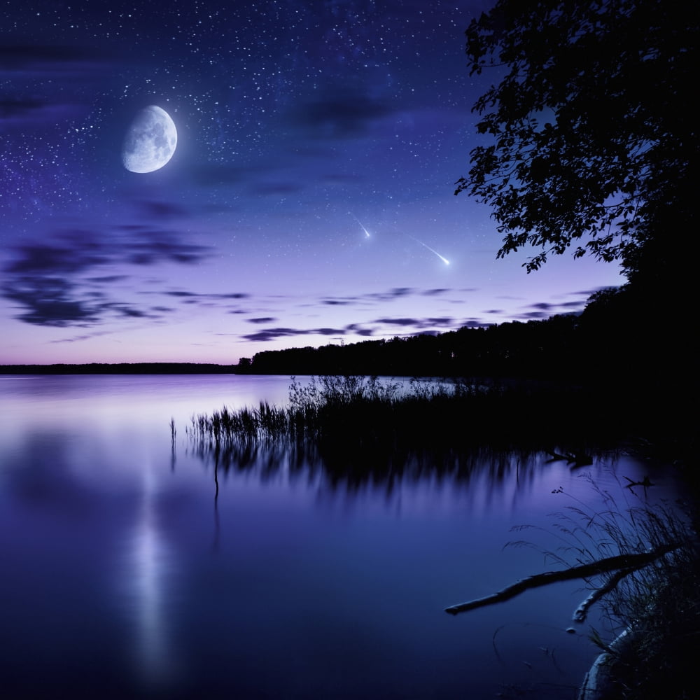 Tranquil lake against starry sky moon and falling meteorites Russia Canvas Art - Evgeny KuklevStocktrek Images (29 x 29)